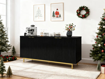 Buffet Cabinet with Storage, 58" Large Sideboard with Shelves and 4 Doors, Fluted Sideboard Coffee Bar Cabinet, Black
