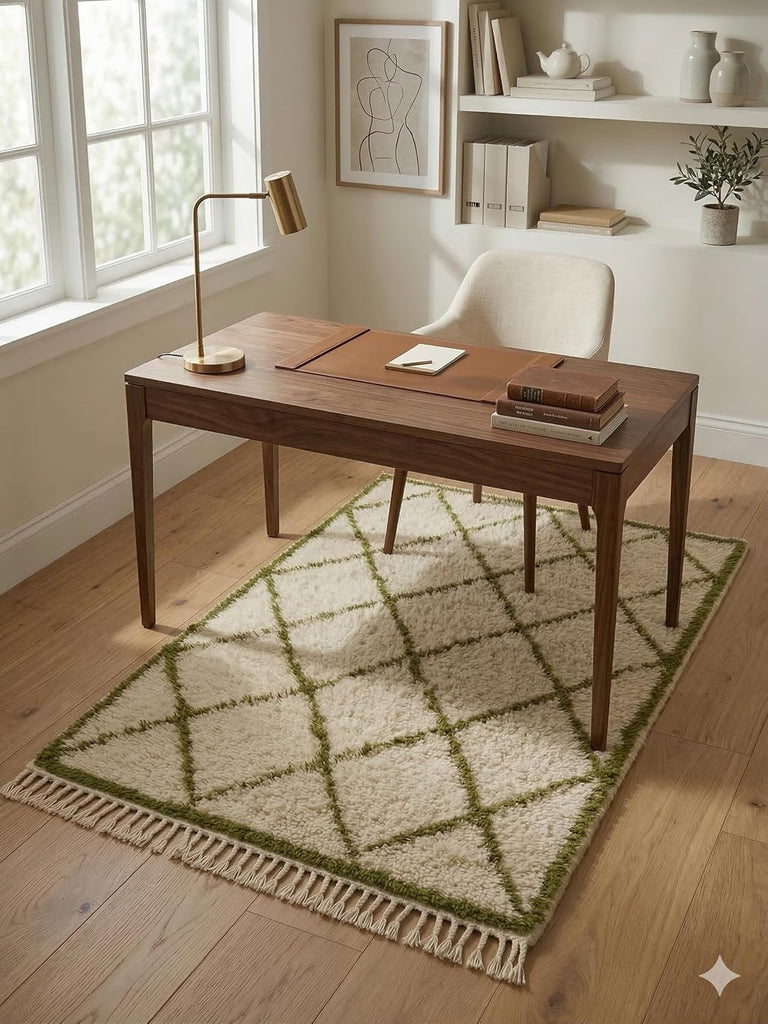 Handmade Moroccan Berber Area Rug 4' x 6', 100% Wool High Pile Shag, Beni Ourain Style, Ivory/Cream with Green