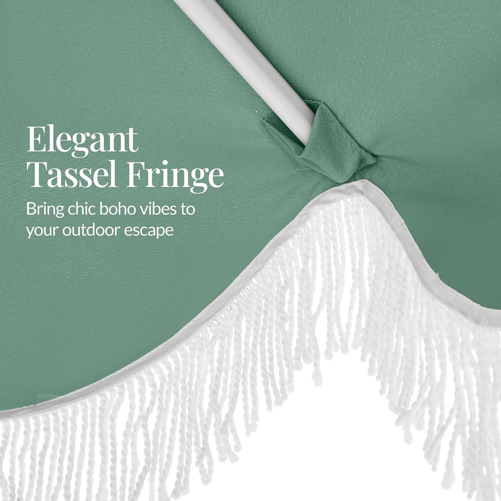 9ft Fringe Market Patio Umbrella - Outdoor Boho Tassel Sunshade for Table, Pool, Deck, Backyard - Seaglass