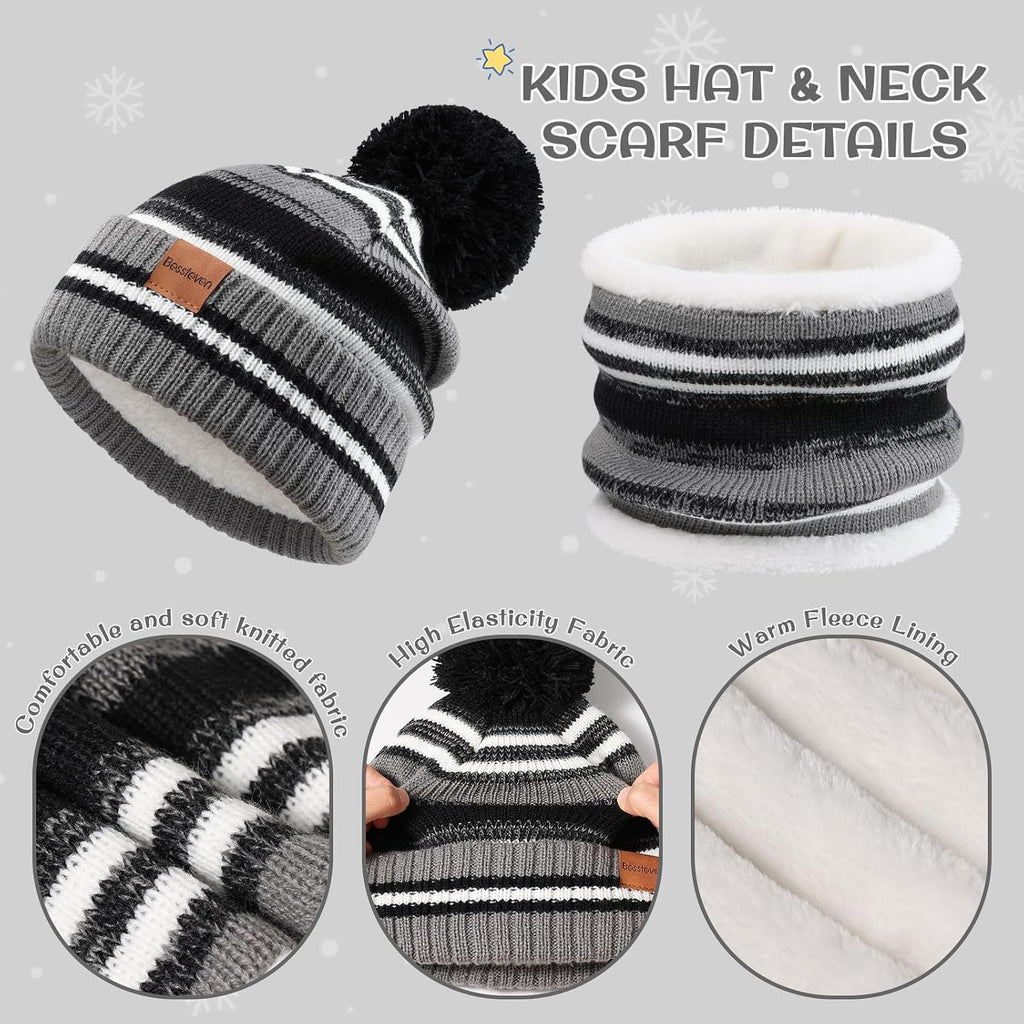 Kids Winter Hat Gloves Scarf Set: Girls Boys Beanie Fleece Lined