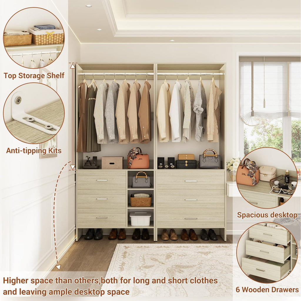 Closet System with 6 Drawers, 4.3ft, Set of 2, White Oak