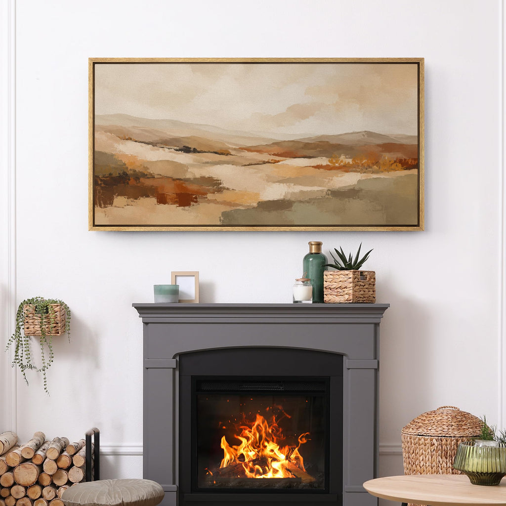 Extra Large Framed Canvas Print Wall Art Earth Tone Abstract Mountain Prairie Illustrations Modern Art Relax/Calm