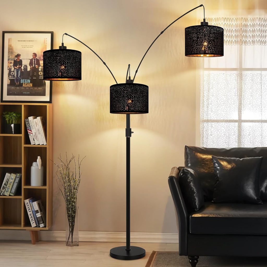 Dimmable Floor Lamp-3 Lights Arc Floor Lamps,Modern Tall Standing Lamp With Black Drum Hollow-carved Linen Shades