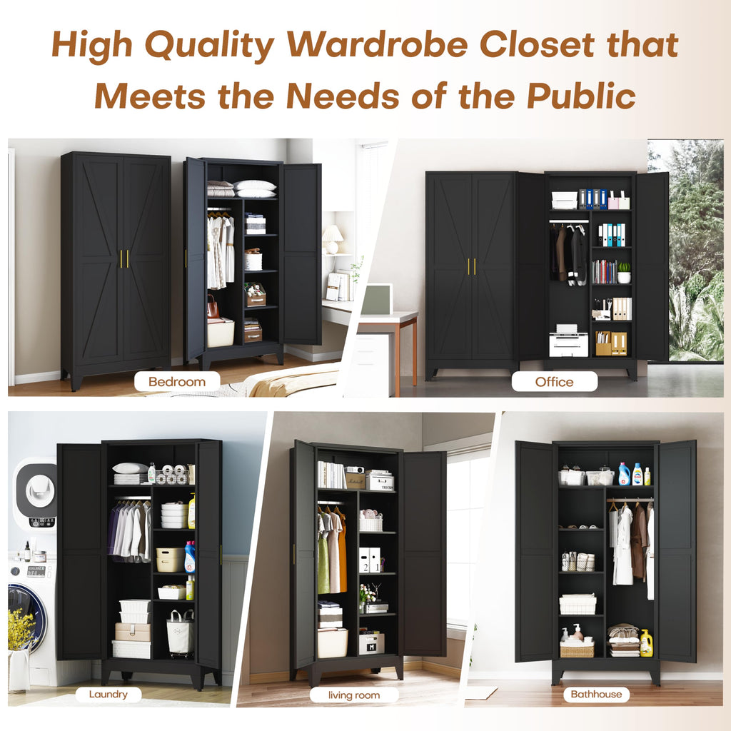 71" Metal Wardrobe Closet Clothing Storage Cabinet with Hanging Rod