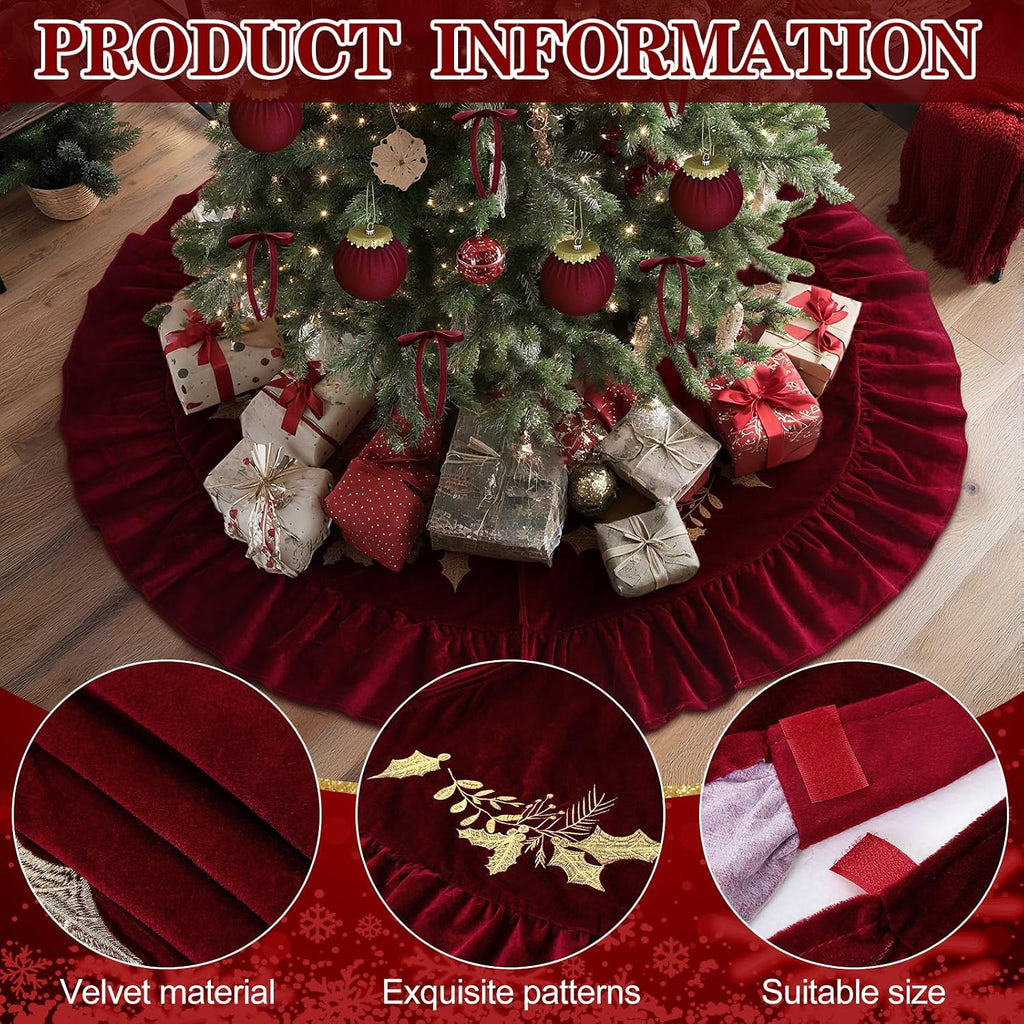 Christmas Tree Skirt, 72 Inches, Gold Embroidered Holly Style, Red