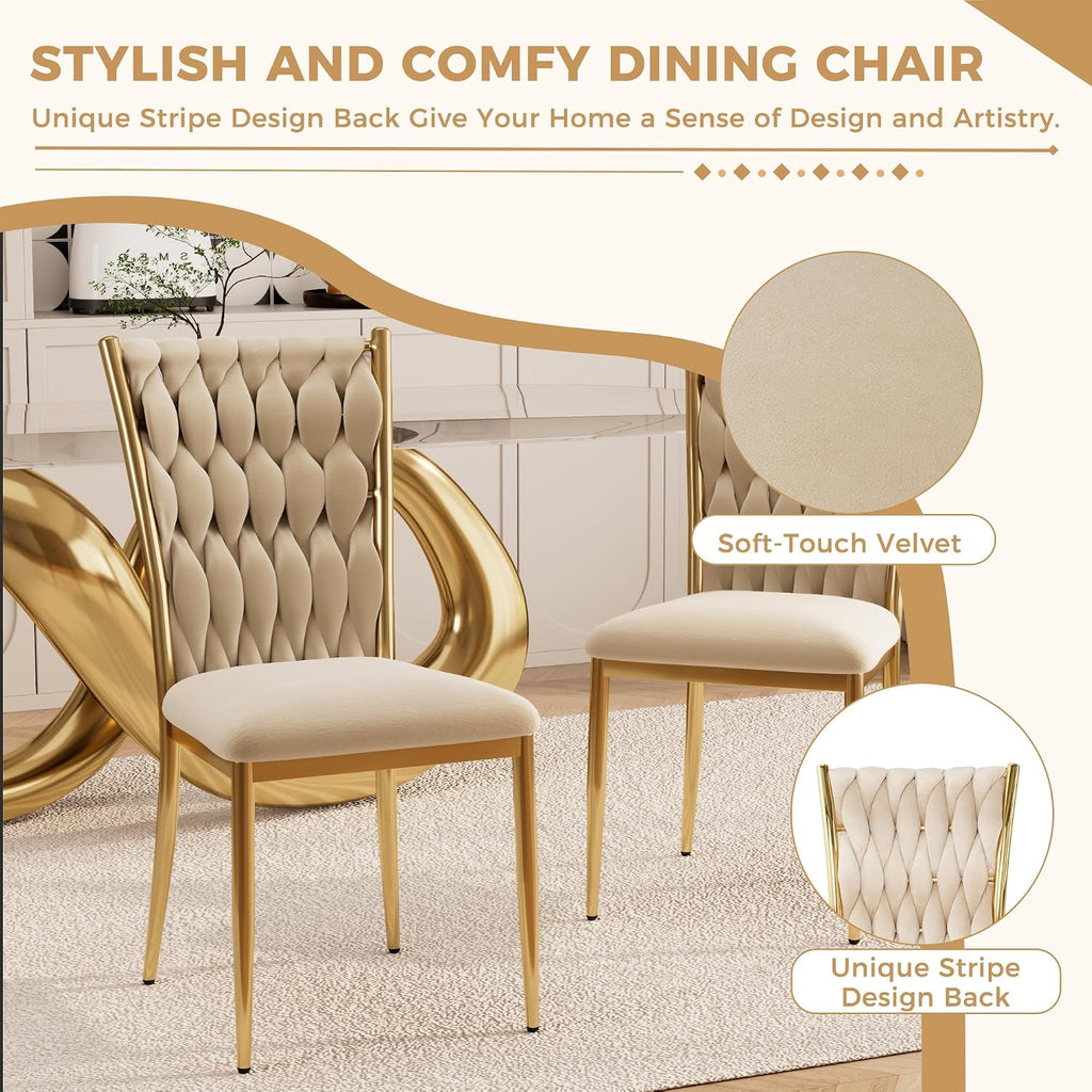 Velvet Dining Chairs Set of 4, Modern Woven Kitchen Chairs with Gold Metal Legs, Upholstered Cushion with High Back
