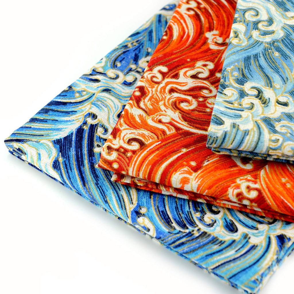 Linen Cotton Printed Fabric Decoration and Crafting By The Meter(Blue Ocean Wave)