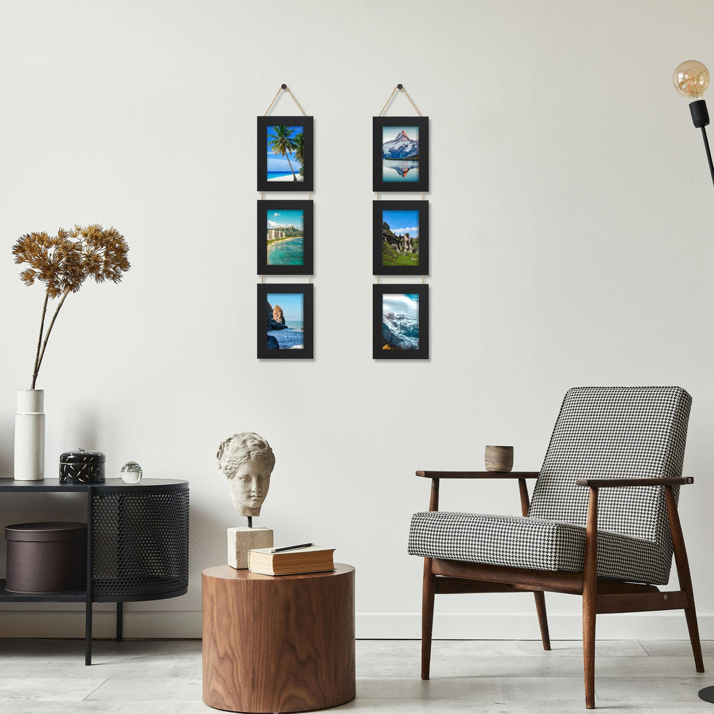 5x7 Collage Picture Frames Set of 2, Rustic Wooden Real Glass Vertical Hanging 3 Opening 5 by 7 Photo Frame, Black