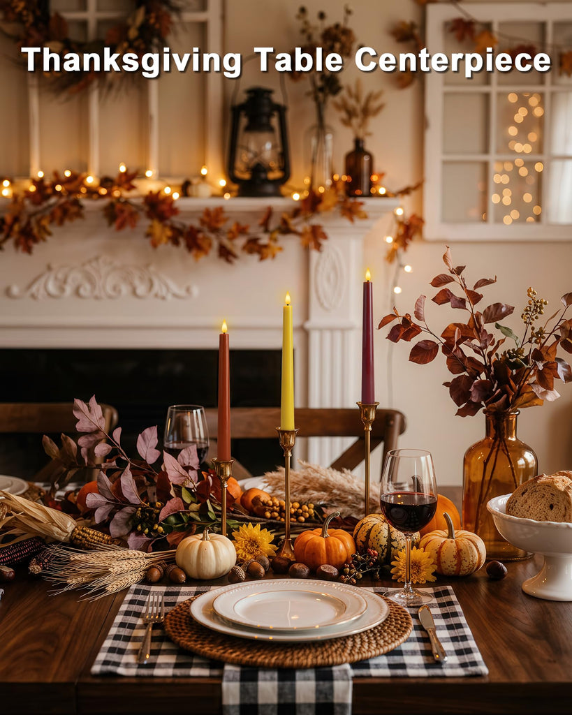 Real Wax Flameless Taper Candles, 9.6 Inch Warm Fall Colors Battery Operated LED Candlesticks 6 Pcs with Remote Timer