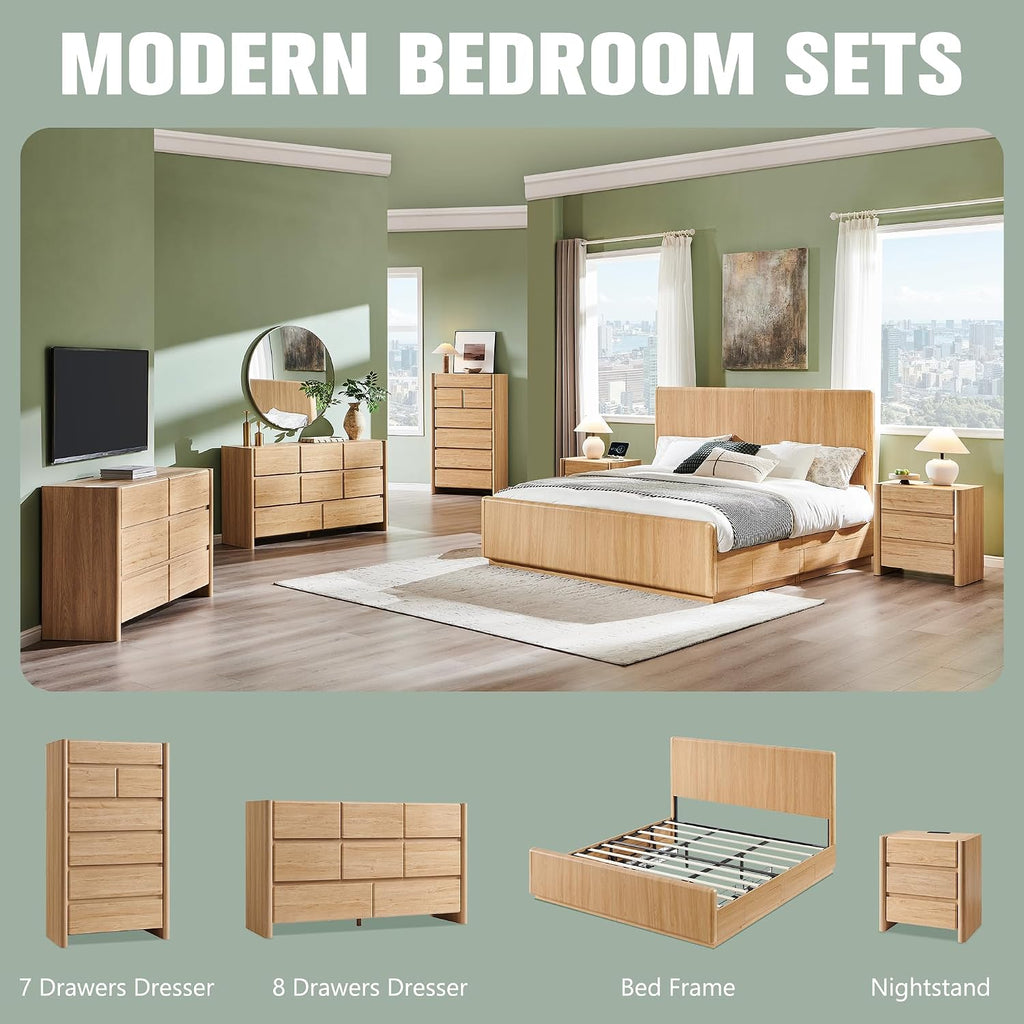 25" Tall Modern Nightstand with Charging Station, 23.6" W Night Stand with 2 Storage Drawers & Open Shelf, Wood