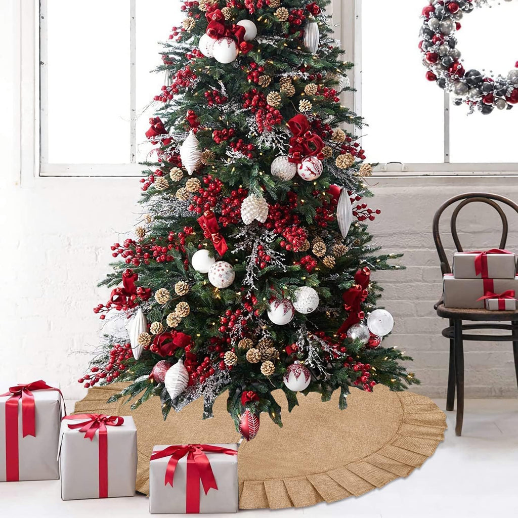 Christmas Tree Skirt Linen Burlap Tree Skirt with Ruffled Border Rustic Christmas Burlap Tree Skrit Holiday