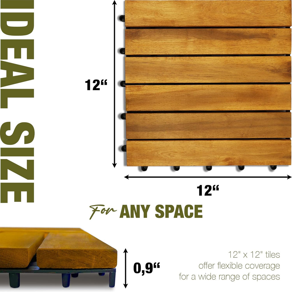 Premium Acacia Wood Interlocking Deck Tiles, 9 PCS 12"x12"x0.9" Floor Tiles, Waterproof Wood Flooring for Backyard &