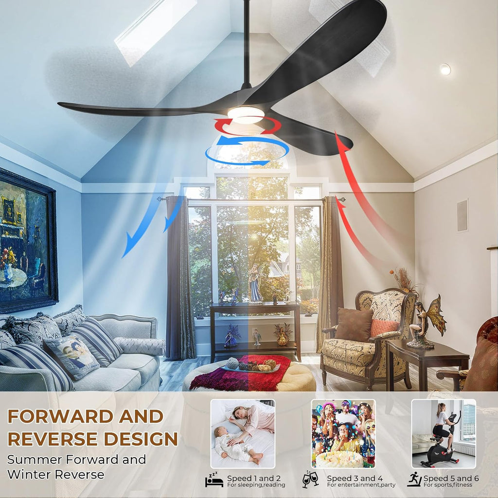 Inspired Maverick Style 52" Wood Ceiling Fan with Light and Remote, 3 Matte Black Blades, Reversible DC Motor, Indoor/Outdoor - Matte Black