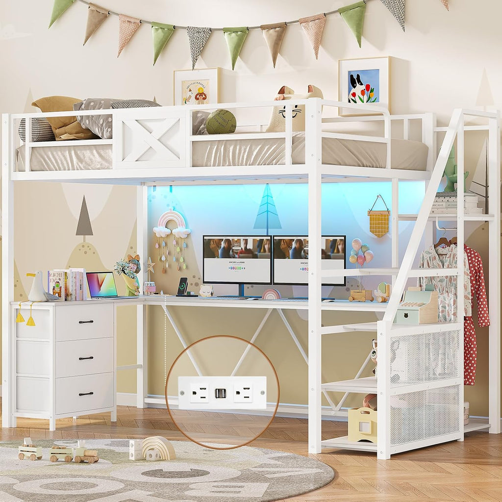 Stairway Twin Loft Bed with L Shaped Desk and Wardrobe, Metal Loft Bed Frame with Stairs, 3 Fabric Drawers