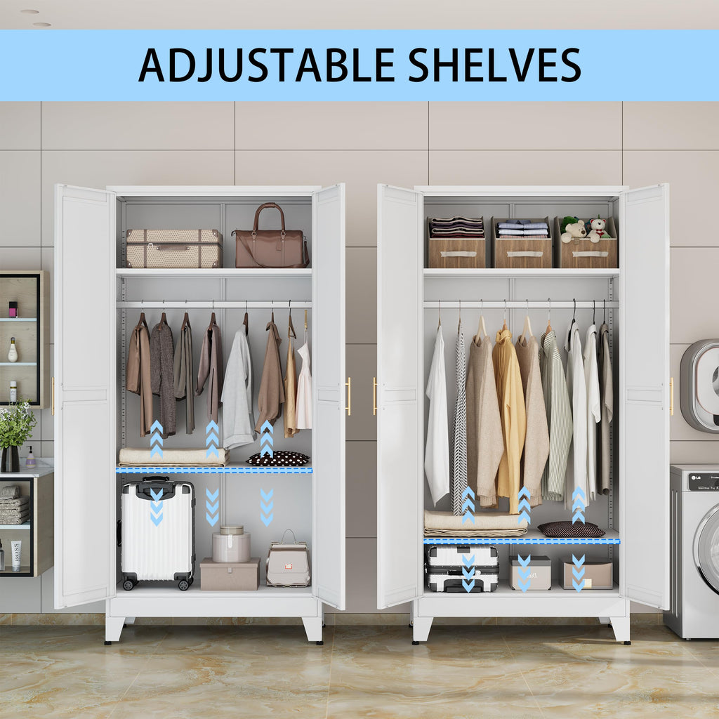 71 "Metal Armoire Wardrobe Closet, Steel Clothing Storage Cabinet with Adjustable Shelves and Hanging Rod, Household