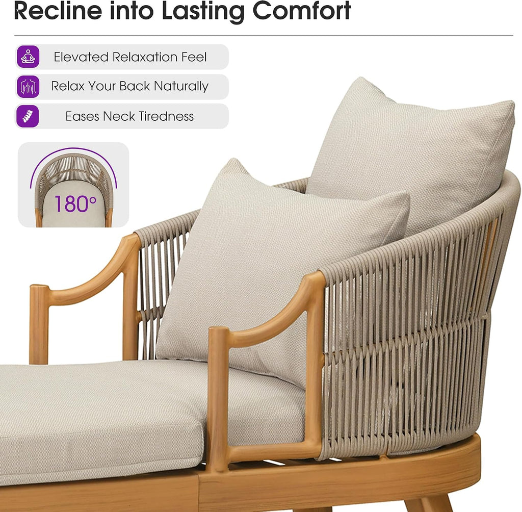 Patio Chaise Lounge Set of 2 with Soft Cushion, Teak | Ergonomic wraparound back, dual-height pillows