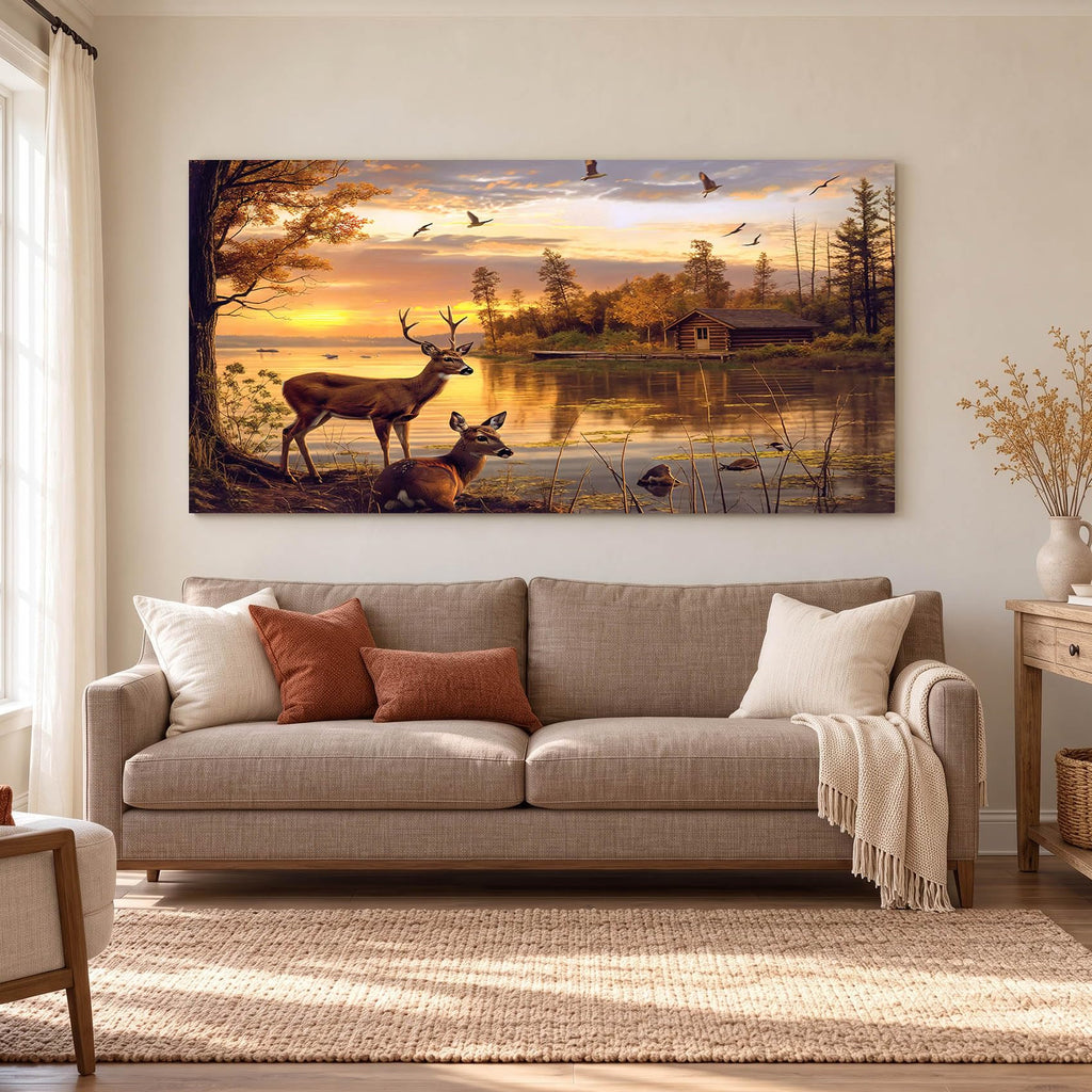 Large Golden Rustic Animal Deer Canvas Print Framed Vintage Wildlife Home Decor Livingroom Decorations Wall Art