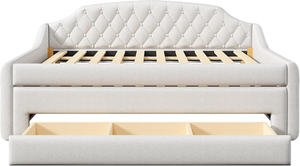 Upholstered Full Size Daybed with LED Lights, Trundle & 3 Drawers, Linen Sofa Bed for Guest Room & Small Spaces