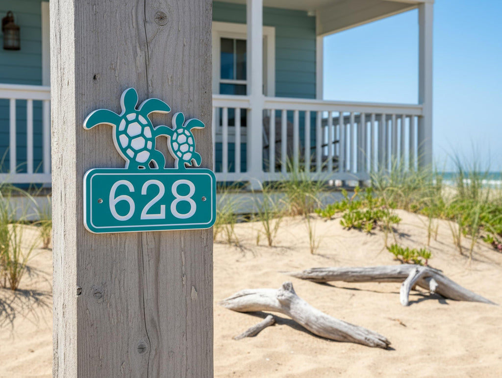 Coastal Address sign - Carved PVC with sea turtle Design, Weatherproof