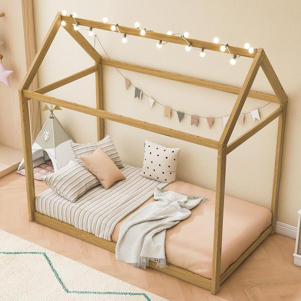 House Bed Frame with LED Lights, Solid Wood Montessori Floor Bed, Low Platform Kids Play House Bed for Boys