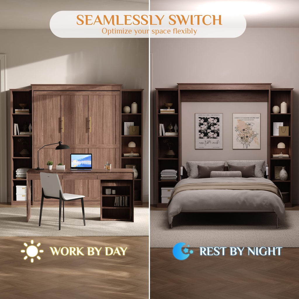 Murphy Bed Full Cabinet with 5-Tier Shelves, Wood Wall Bed, Walnut