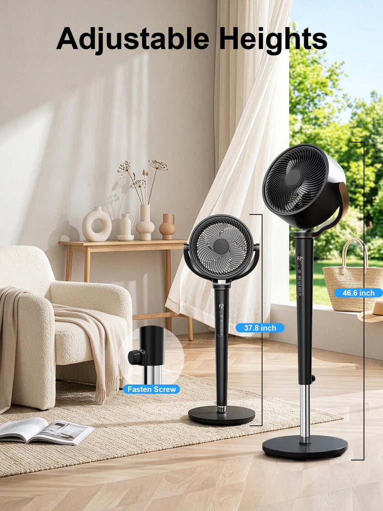 38-46" Pedestal Fan , 150+120°Omnidirectional Oscillating Standing Fan w/16 Speed & 4 Mode, Ambient Light, Quiet DC