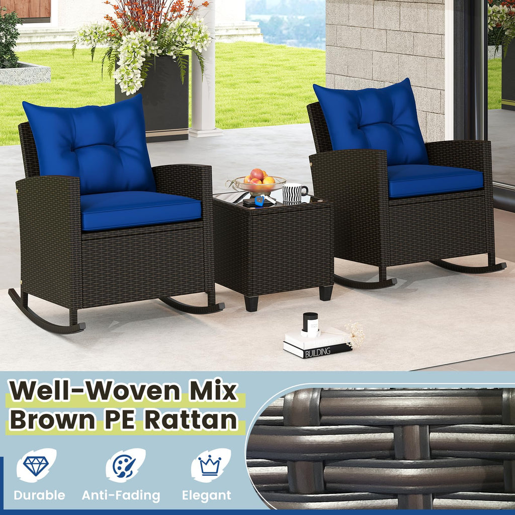 3 Piece Patio Furniture Rocking Bistro Set, Wicker Outdoor Rocking Chairs & Glass Table, PE Rattan Conversation Set