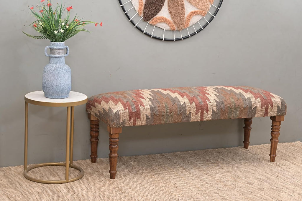 Acacia Wood Kilim Jute Fabric Upholstered Bench | Southwestern Pattern Wooden Ottoman with Turned KD Legs , End of