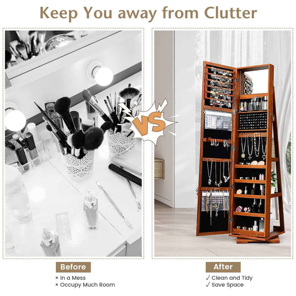 360 Rotating Jewelry Armoire Cabinet, Standing Jewelry Organizer w/Full-Length Mirror & Large Storage Space, Lockable