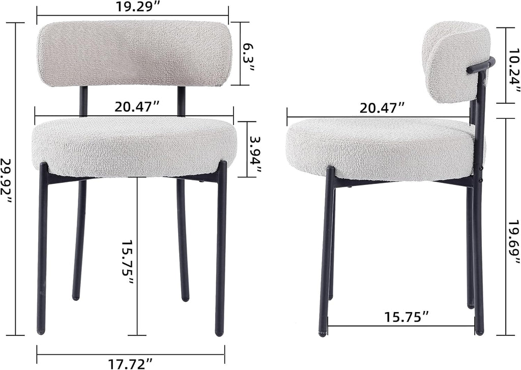 Boucle Dining Chairs Set of 2, Round Upholstered Dining Room Chairs with Black Metal Legs