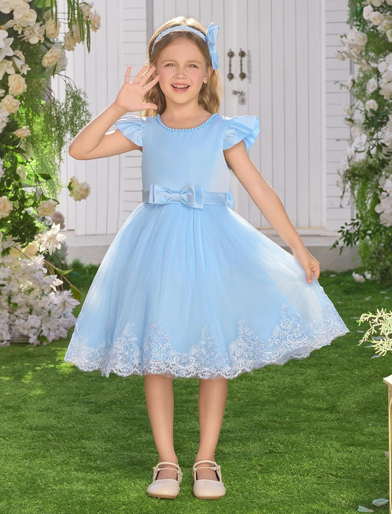 Infant Baby Girls Wedding Flower Girl Dress Pearls Tulle Tutu Dress Bowknot V Back Pageant Party Birthday Formal