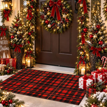 Door Mat 18X30 Inch Buffalo Plaid Christmas Decor Rug Outdoor Geometric Checked Rugs, Washable Carpet for Front