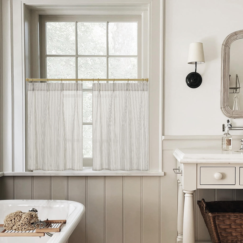 Small Window Curtains, Pinch Pleated Cafe Curtain 24 Inch Length, Linen Farmhouse Sheer Taupe Pinstripe Ticking Stripe