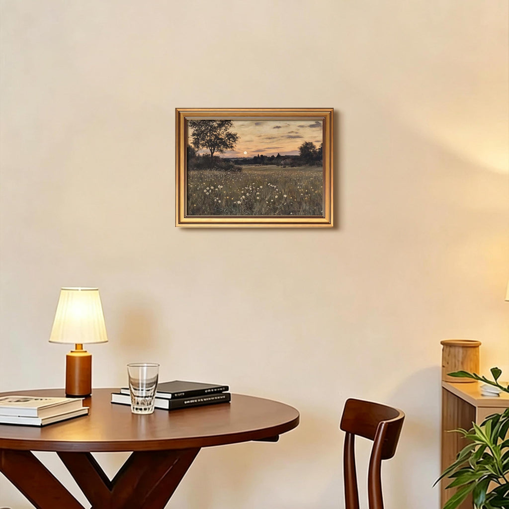 Gold Framed Vintage Landscape Canvas Wall Art, Rustic Wildflower Meadow Poster Painting Print Picture, Countryside