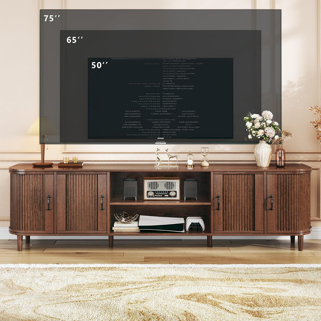 TV Stand for 75 inch TV, Mid Century Modern Entertainment Center for 55/60/65/75 inch TV, with Fluted Door Cabinets &
