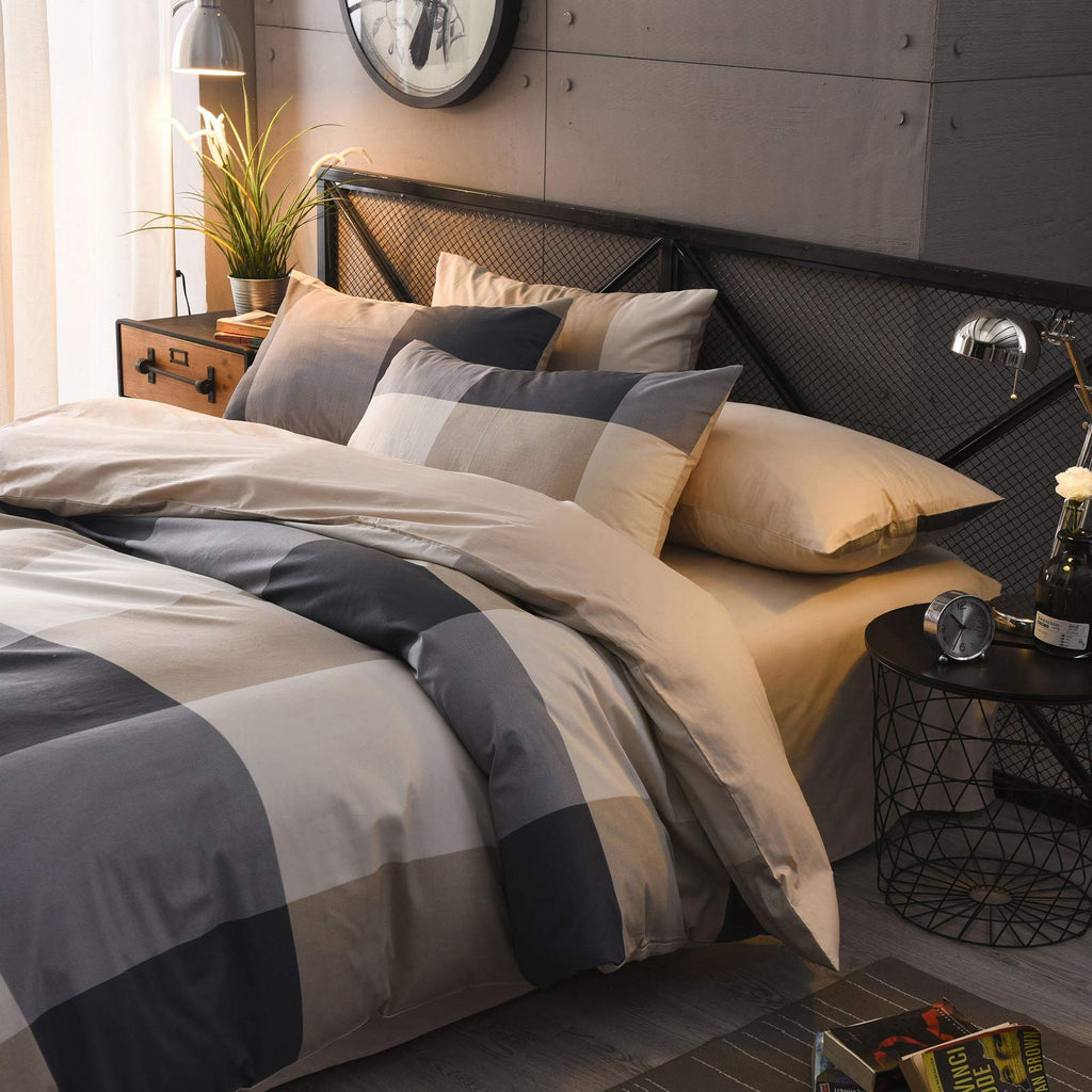 Buffalo Plaid Duvet Cover, 100% Cotton Check Geometric Bedding 3pc Set, Grey Hotel Quality Gingham Plaid Print