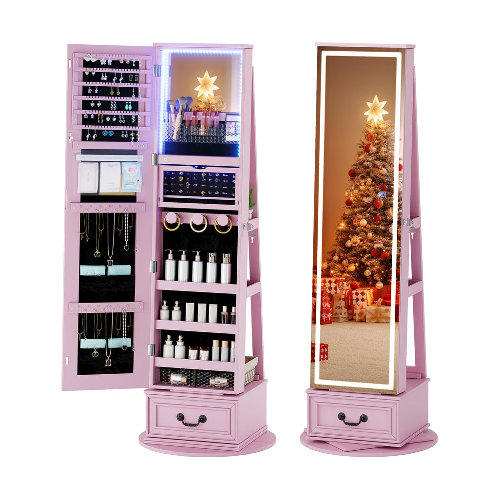LED Mirror Jewelry Cabinet Standing, 360°Swivel Jewelry Armoire with Full Length Mirror, Mirror with Jewelry Storage