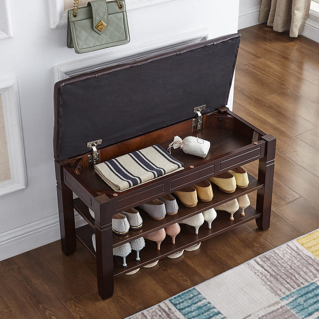 Shoe Storage Bench with Cushion, Entry Bench with Storage Solid Wood Shoe Bench Ideal Living Room and Corridor