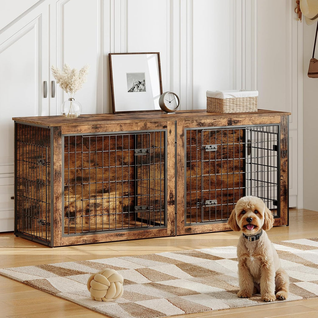 Dog Crate Furniture for 2 Dogs, Large Double Dog Crate Furniture with Divider, Wooden Indoor Kennel TV Stand