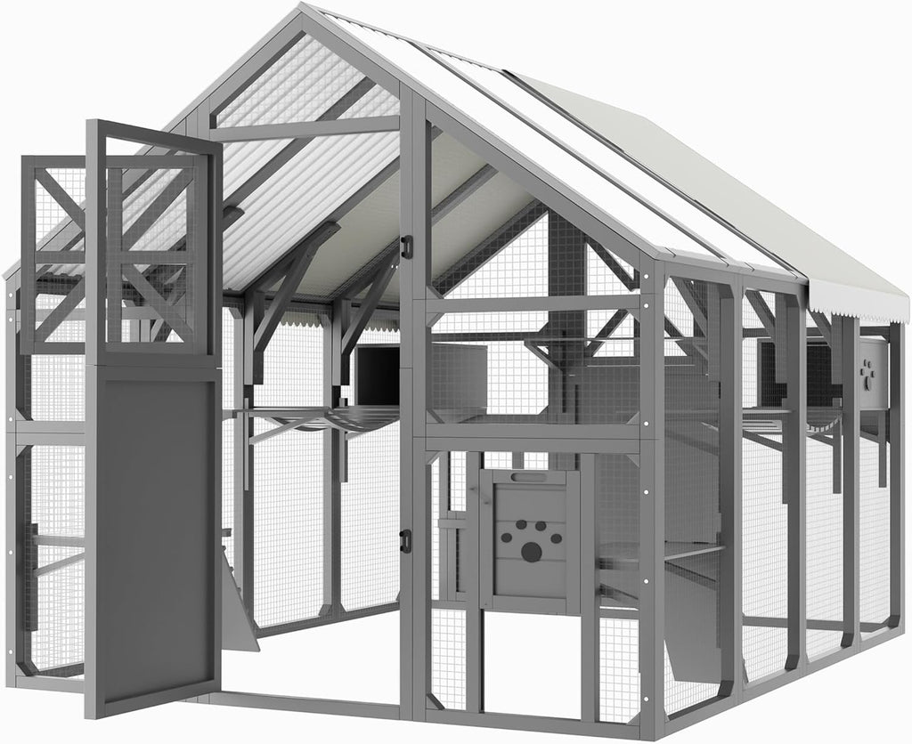 Extra Large Catio Outdoor Cat Enclosure, 94.5" Walk-in Cat House for Multiple Cats, 8 Platforms, PVC Cooling Roof