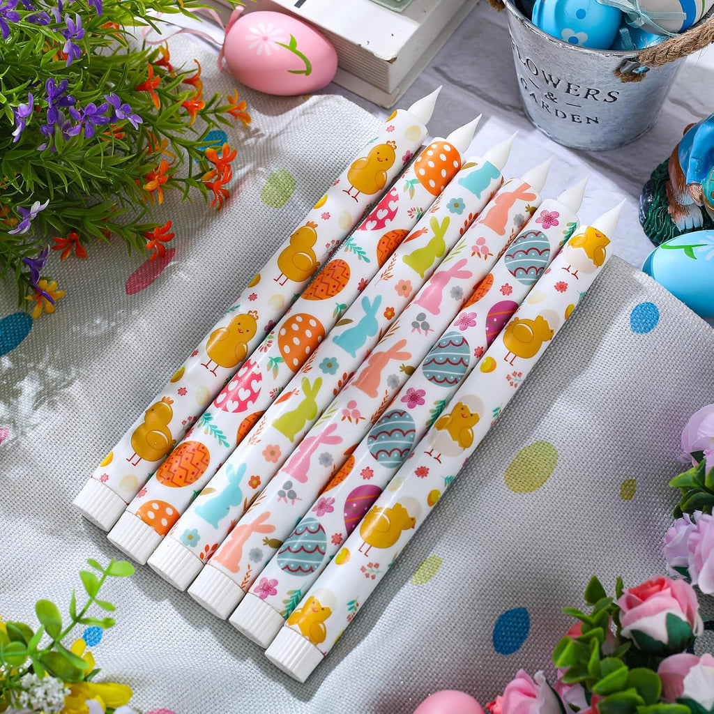 Easter Taper Candles - 10.6" Battery Operated Flameless LED Candles with Bunny, Chick & Egg Patterns, Flickering - Set of 6