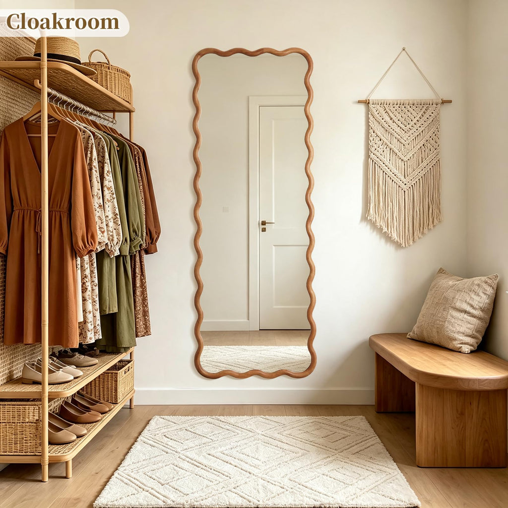24"x65" Wood Full Length Mirror, Arched Natural Wood Boho Wavy Floor Mirror, Long Full Body Mirror Hanging