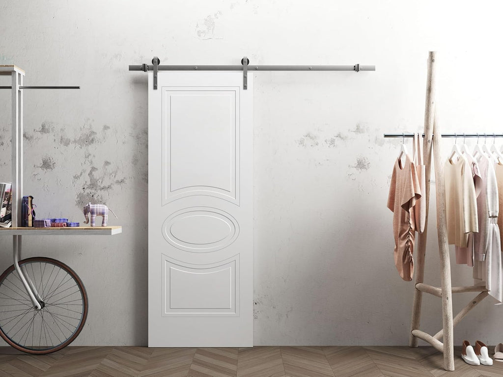Mela 7001 | Interior Single Sliding barn Door, no Glass, MDF, 36x96, White, Classic Style | Hardware