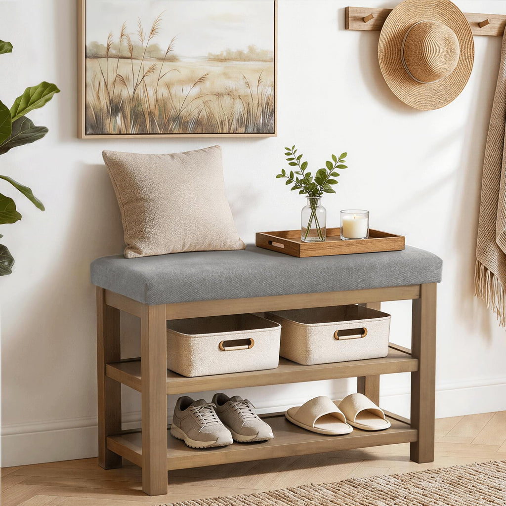 Shoe Rack Bench with Cushion, 2 Tier Solid Wood Storage Bench, Mid-Century Modern Shoe Bench, Closet, Front Door