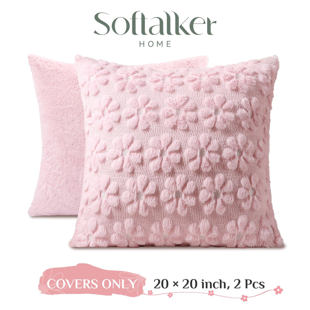 Spring Decorative Throw Pillow Covers 20 x 20 Inch Set of 2, Farmhouse Summer Floral Daisy Soft Faux Fur Cushion