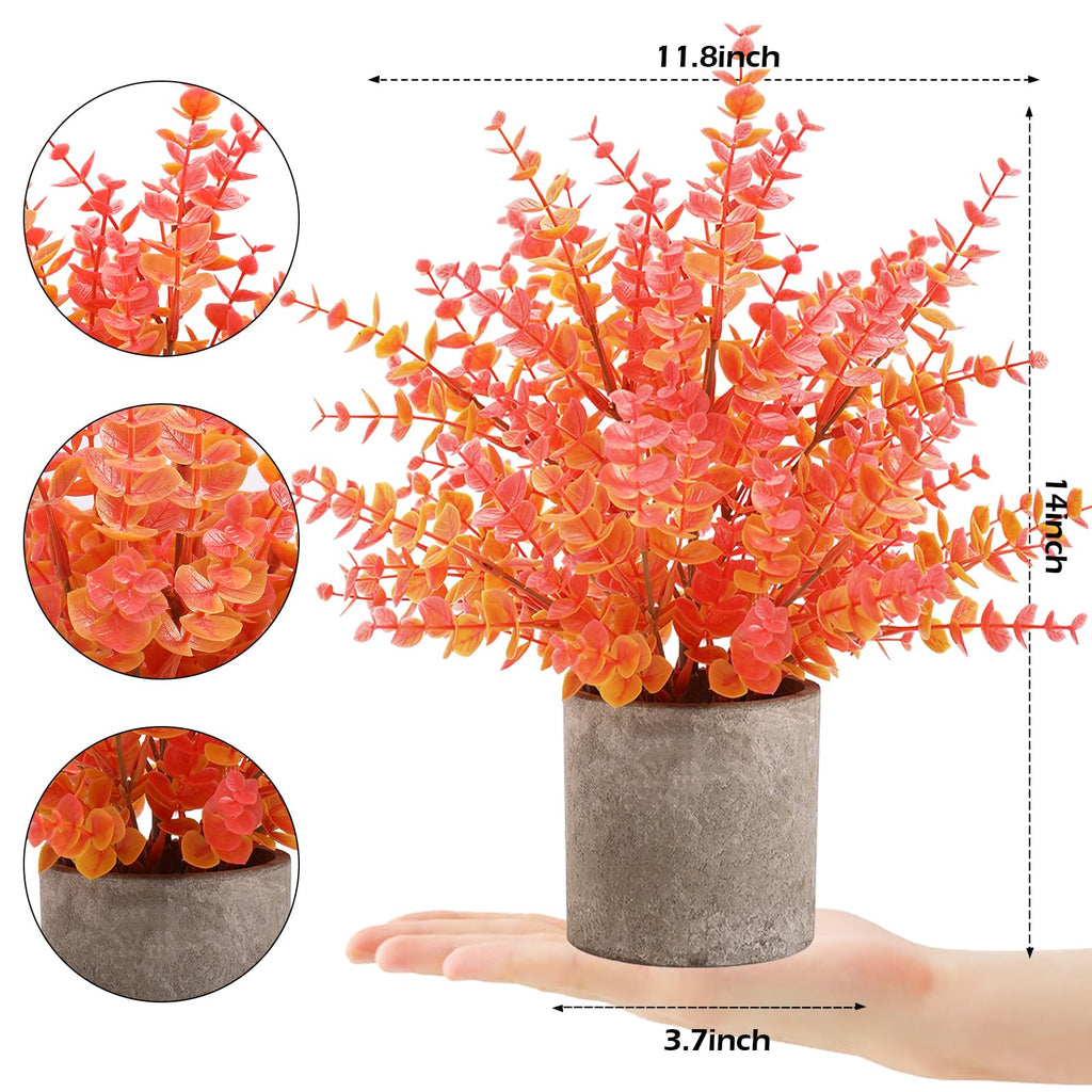 2 Pack Small Fake Plants Eucalyptus Potted, Fall Orange Large