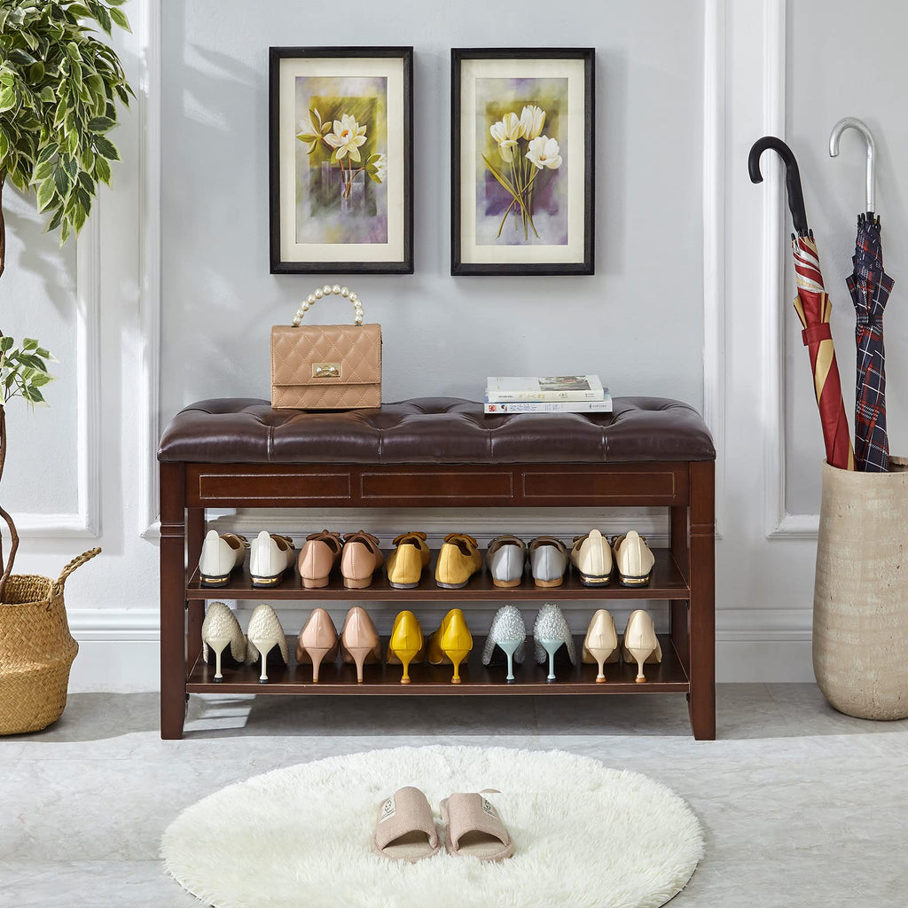Shoe Bench, Storage Rack Organizer with Cushion 2 Tier Lift Top Shoe Rack Living Room Bedroom Hallway Wooden