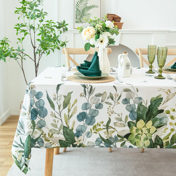 Summer Spring Tablecloth - Waterproof, Stain Resistant, Eucalyptus Floral Design for Dining, Kitchen, Outdoor