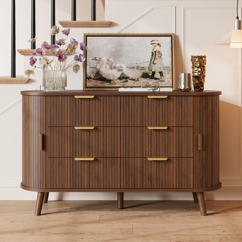 Fluted 6 Drawer Dresser, 55" Mid Century Modern Chest of Drawers