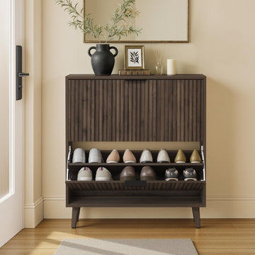 Collection - Shoe Storage Cabinet with 2 Flip Drawers, Freestanding Narrow Shoe Rack Organizer, Fluted Doors, Fits